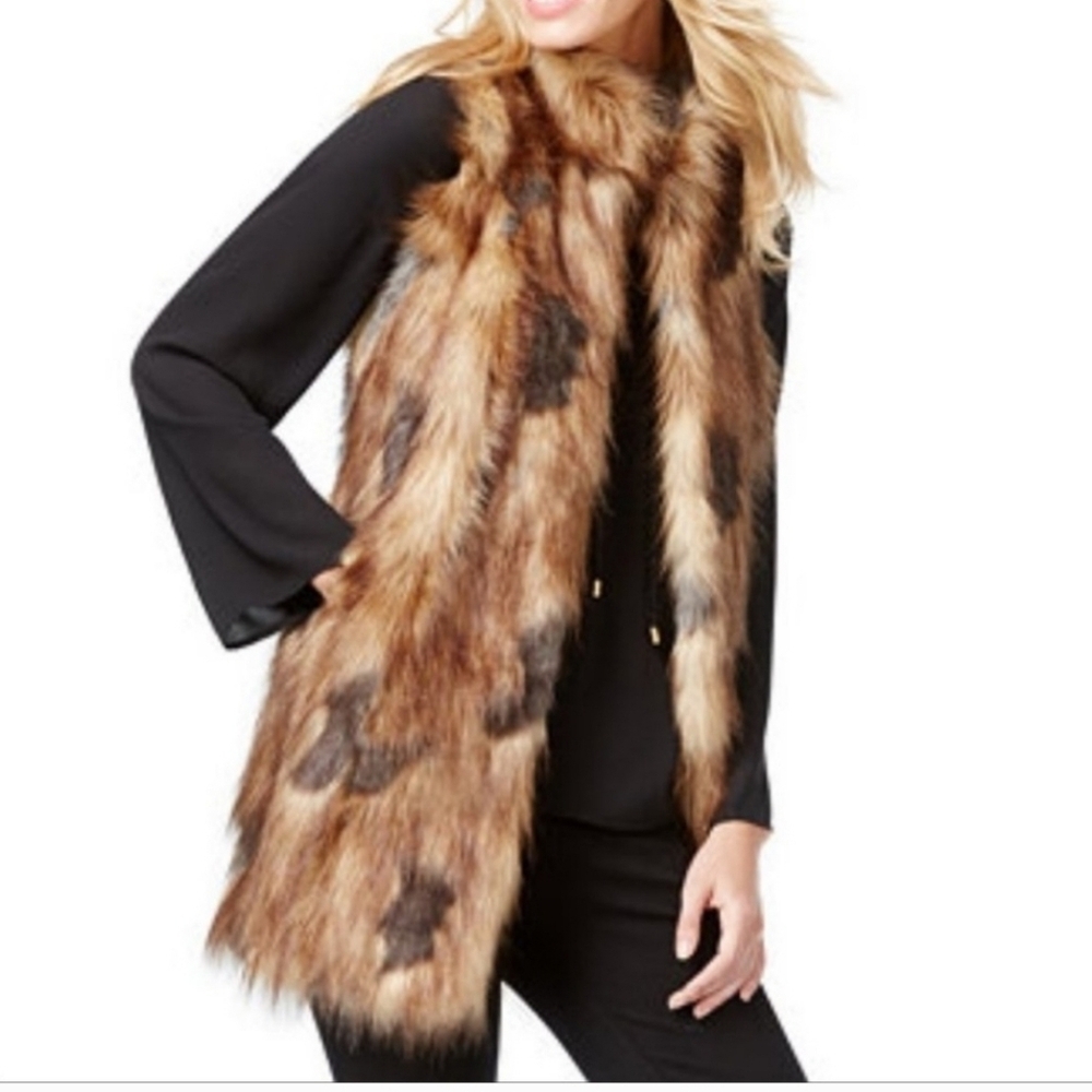 Long multi shade collared faux fur vest
